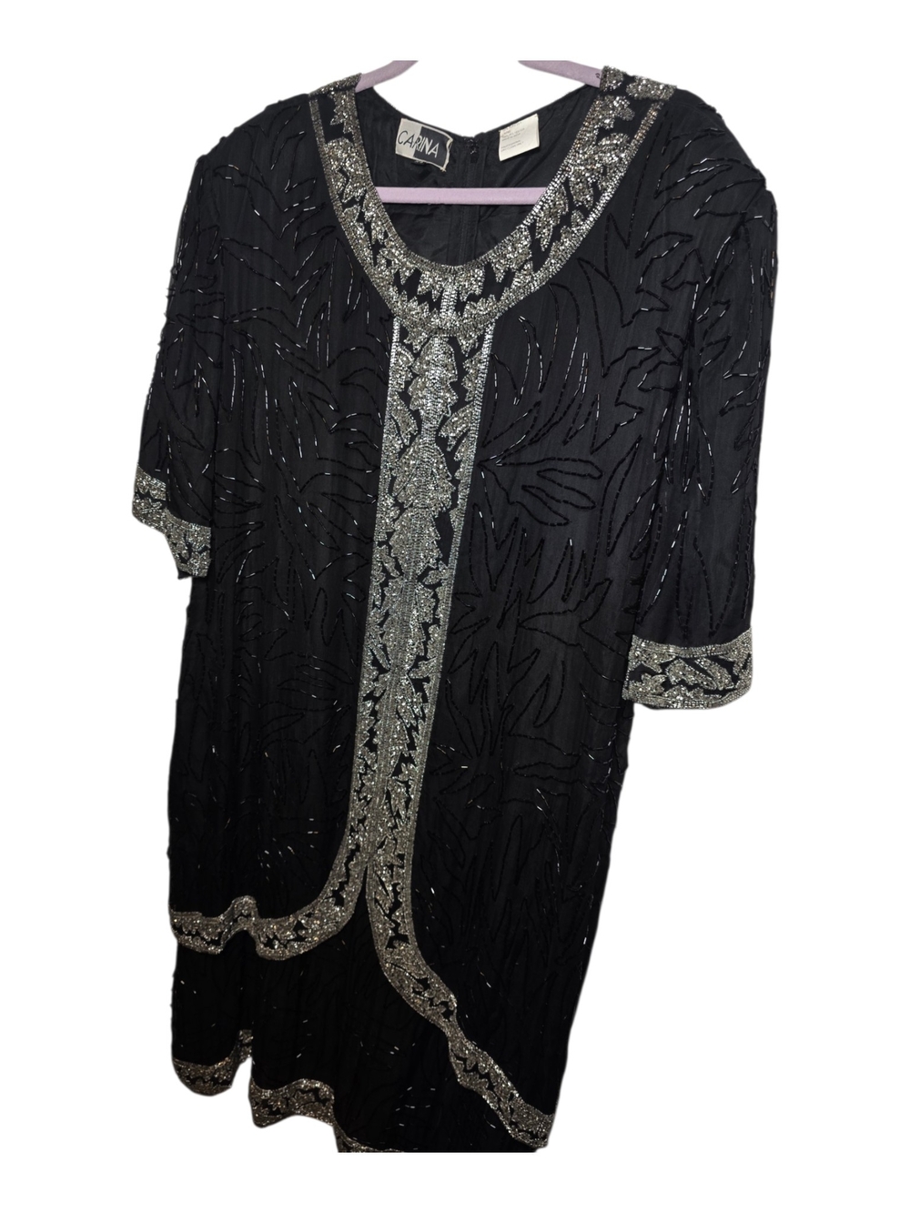 VTG 80s Carina Black Silk Beaded Sequin Dress Plus X4